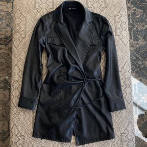 Zara black faux leather wrap mini dress, size Small
